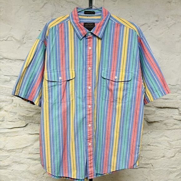 Vintage 90s Eddie Bauer Rufton Twill Shirt Multicolor Striped Rainbow Pastel XL - Picture 1 of 5